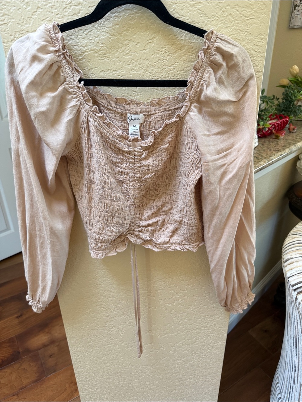 Garage Tan Shirred Peasant Long Sleeve Crop Top